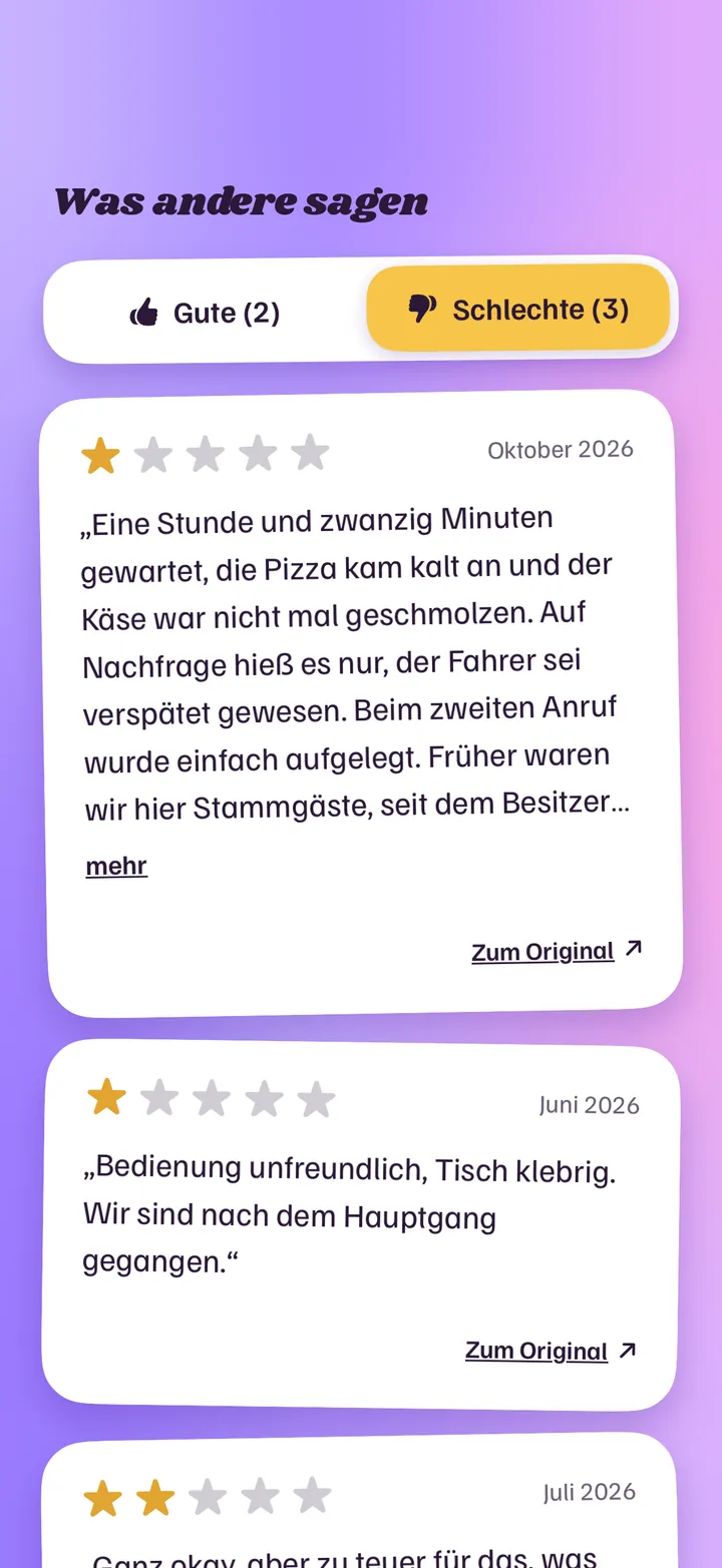 Schlechte Bewertungen in Frag Fritte, vorgewählt beim Urteil „Auf keinen Fall!“: ein Stern, die Pizza kam nach über einer Stunde kalt an.