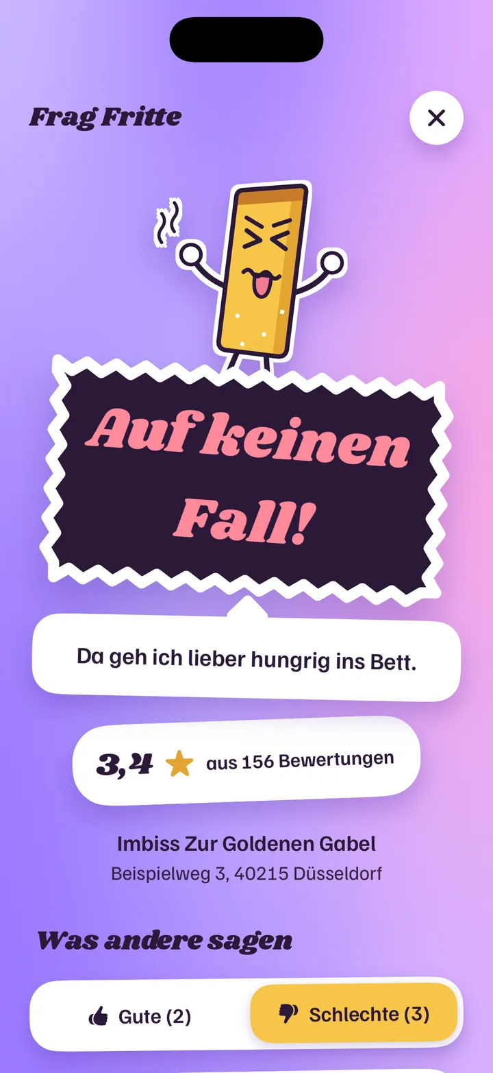 Urteil „Auf keinen Fall!“ für einen Imbiss: 3,4 Sterne aus 156 Bewertungen.
