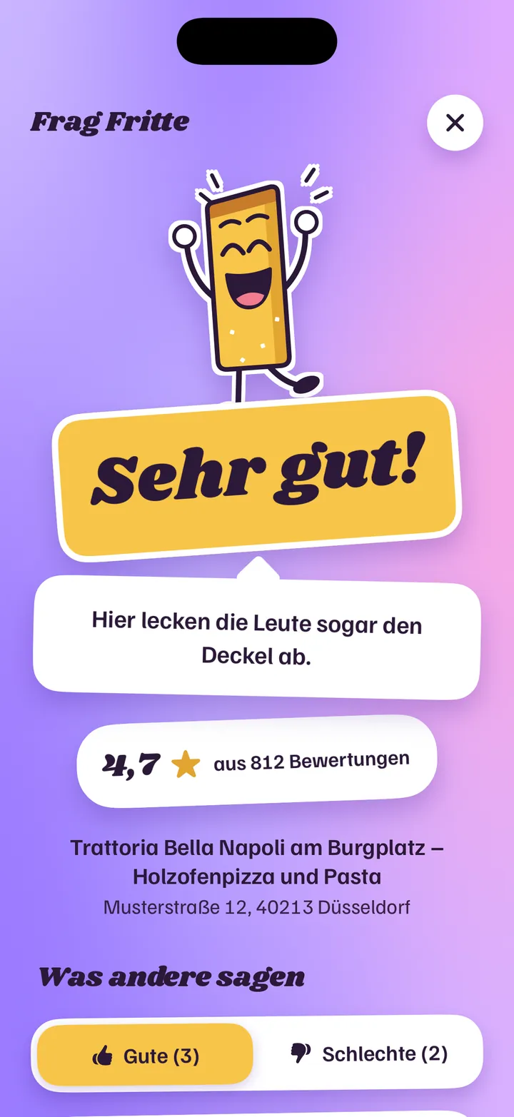 Urteil „Sehr gut!“ in Frag Fritte: 4,7 Sterne aus 812 Bewertungen, darunter die guten Bewertungen zum Nachlesen.