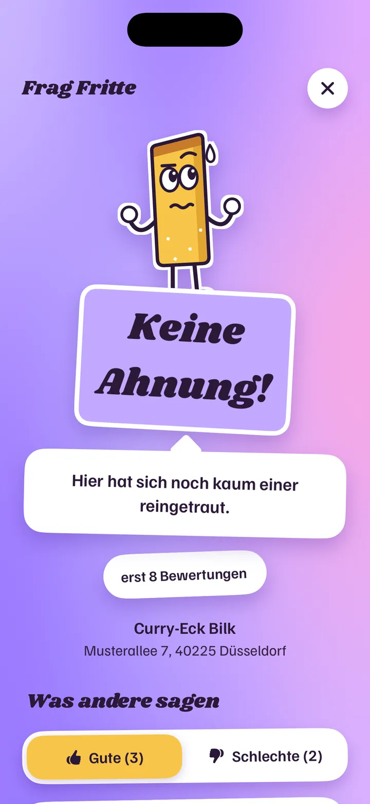 Urteil „Keine Ahnung!“ für einen Imbiss mit erst 8 Bewertungen.