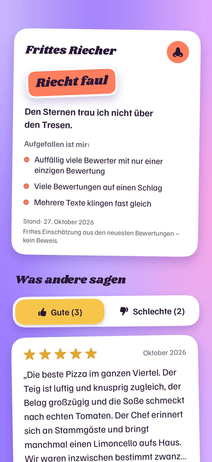 Frittes Riecher in der App: „Riecht faul“, darunter drei Auffälligkeiten in Worten und der Hinweis, dass es eine Einschätzung ist, kein Beweis.